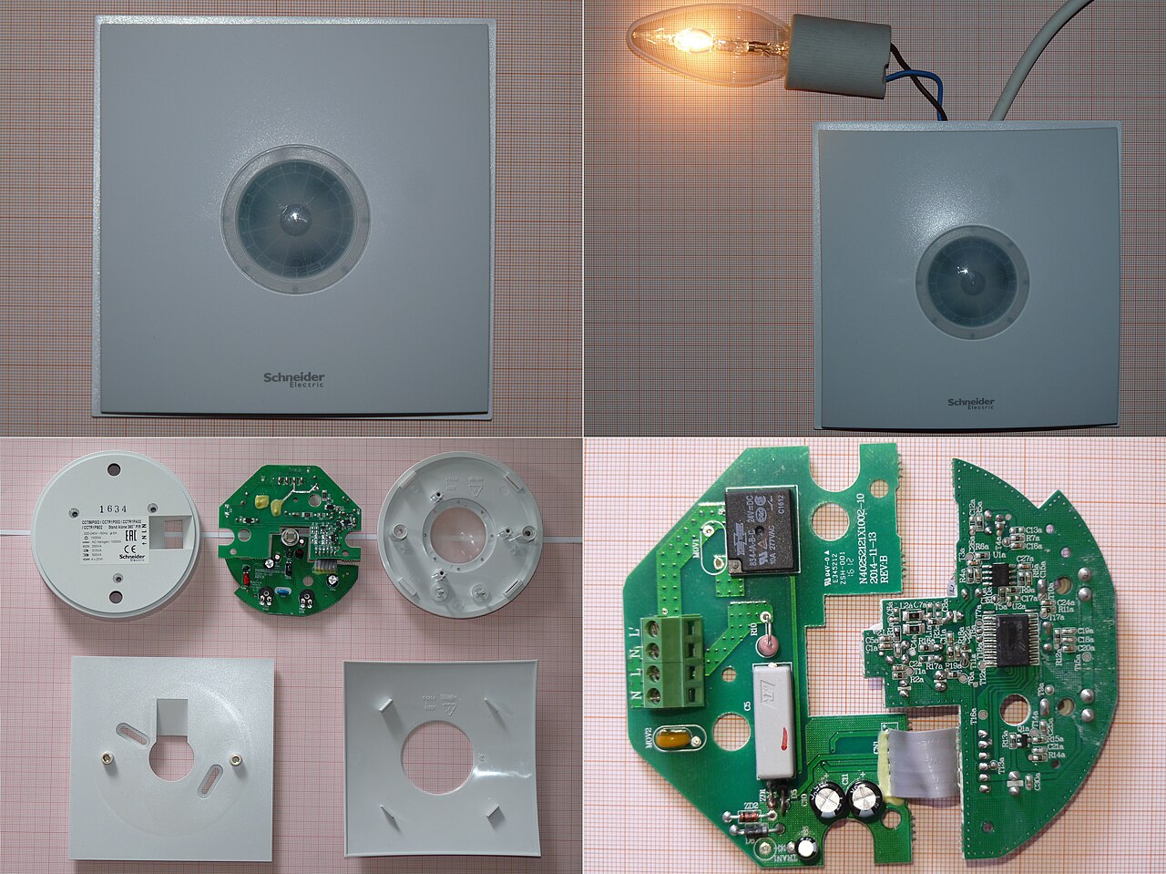 Sensor de presença PIR de parede/teto, montado e desmontado mostrando a lente e a placa eletrônica interna