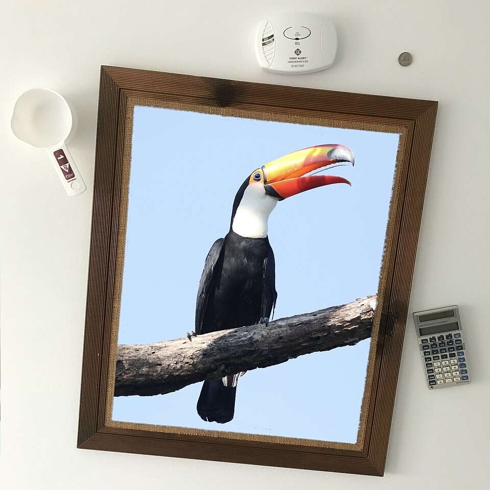 Quadro emoldurado, detector de fumaça e outros objetos fixados em uma parede usando fita dupla face de montagem