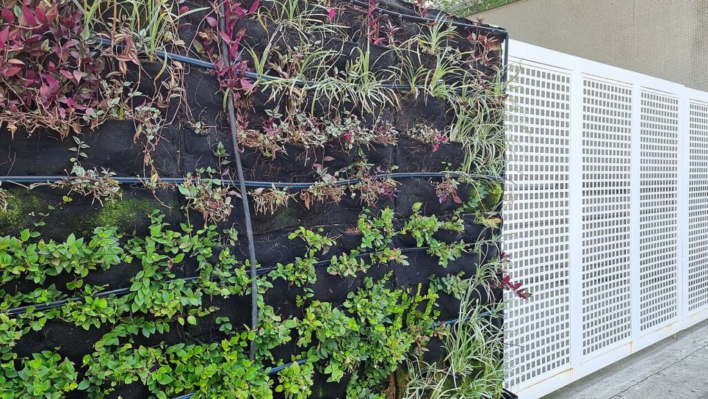 Horta vertical montada com calha de PVC fixada na parede