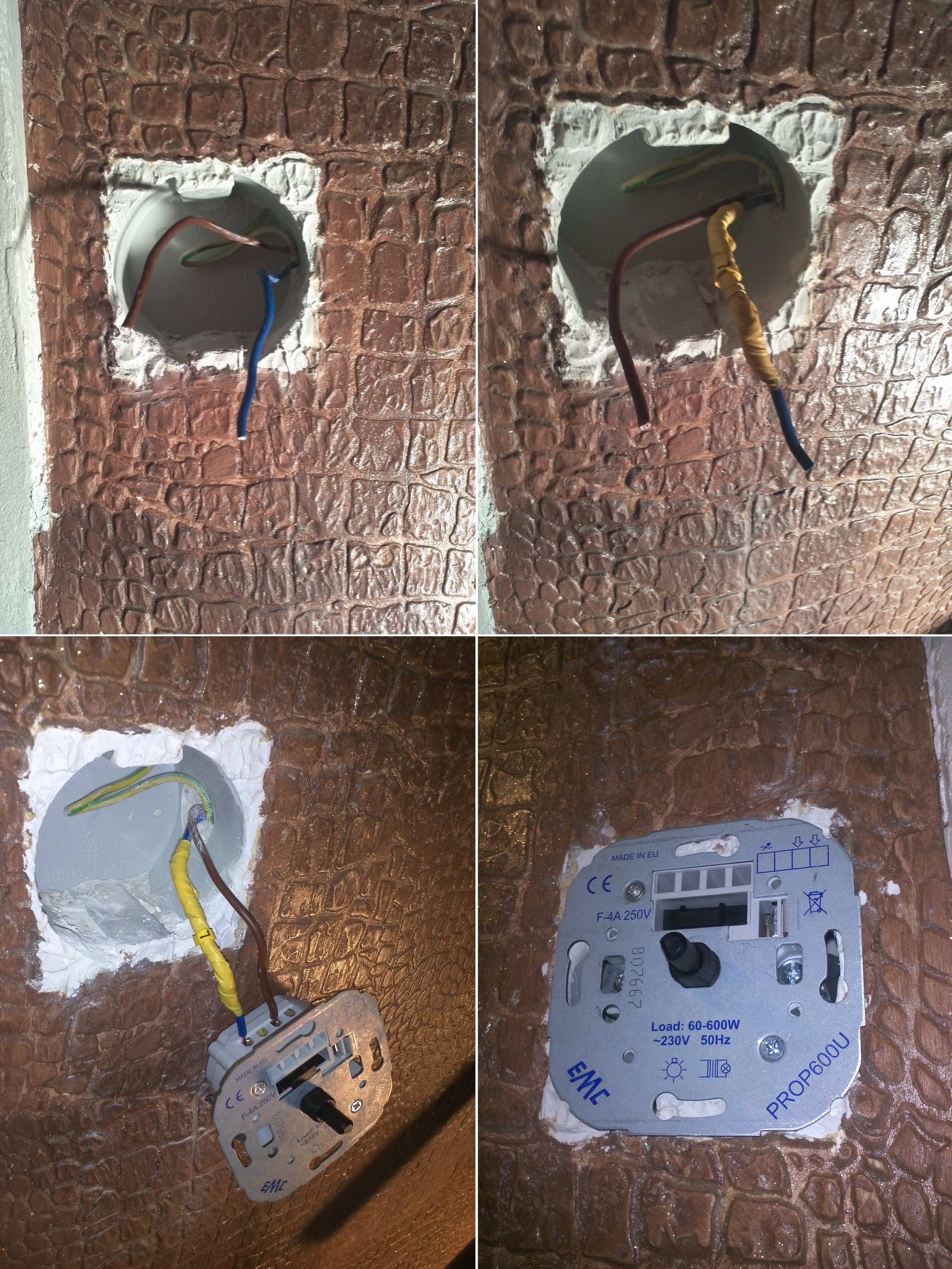 Instalação de dimmer com conexão dos fios elétricos dentro da caixa de parede