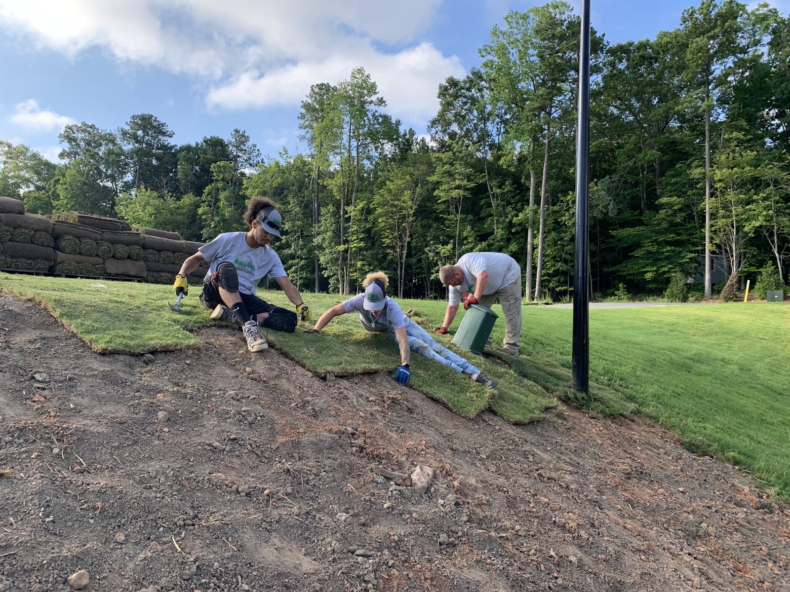 Equipe instalando placas de grama em tapete sobre terreno preparado em declive