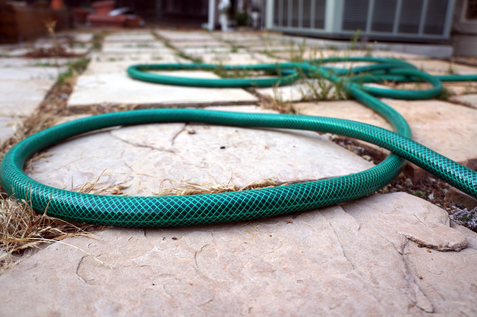 Mangueiras de jardim convencionais enroladas, mostrando o tubo único sem elasticidade estrutural