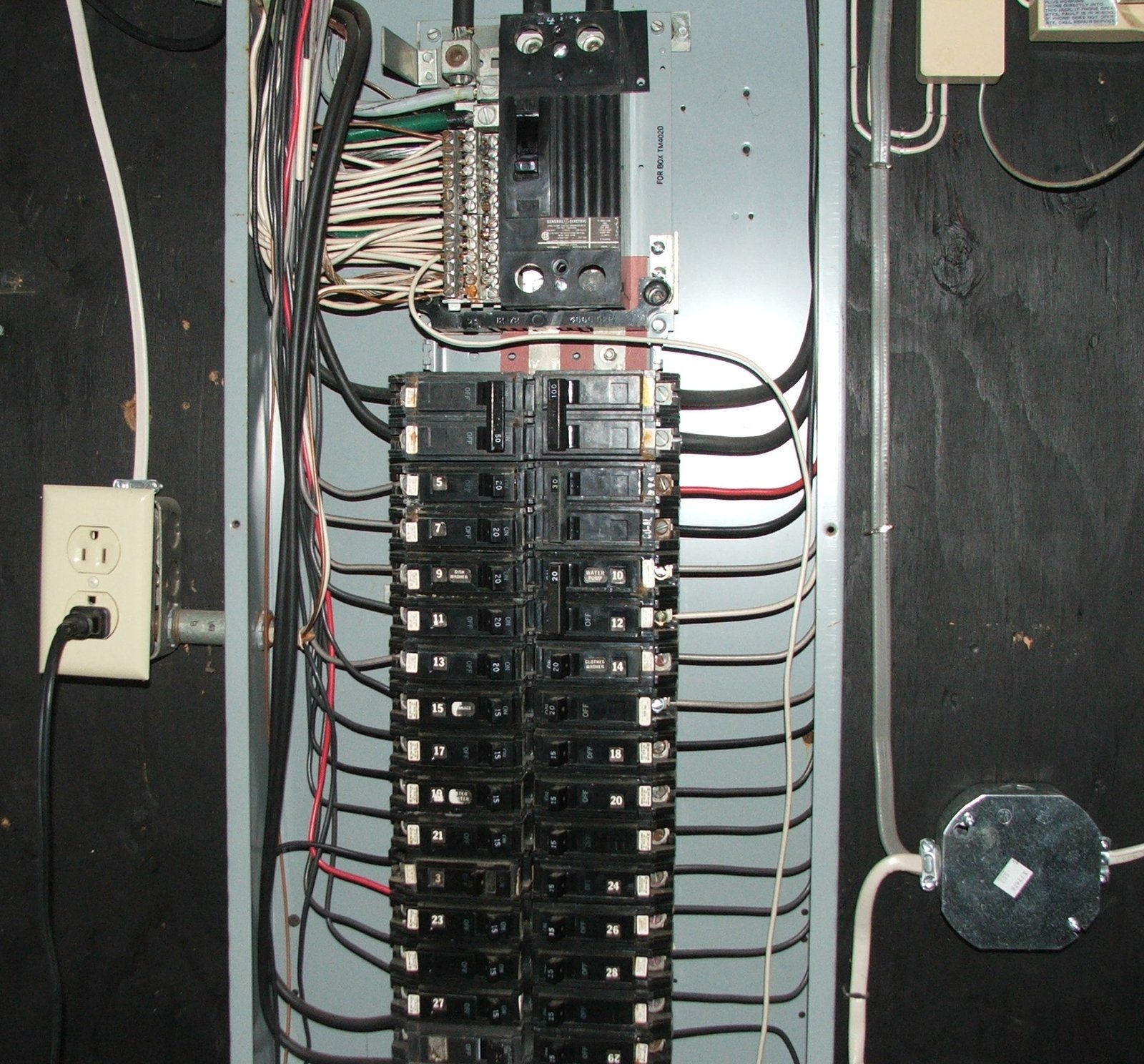 Quadro de disjuntores aberto mostrando a fiação interna e a barra de aterramento conectada aos condutores
