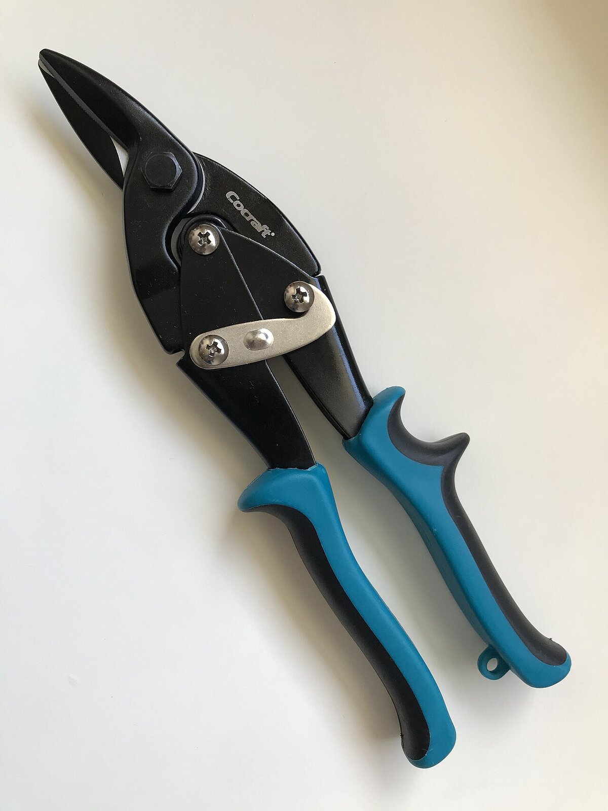 Tesoura de chapa metalica com cabo azul emborrachado tipo aviation snips